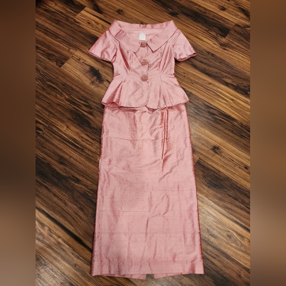 Vtg 100% silk Watters & Watters Maxi Skirt Suit Set Decorative Buttons - Picture 3 of 16